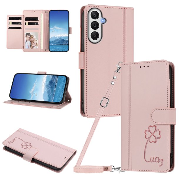 Funda Cartera Trébol para Samsung Galaxy A05s con Ranuras Tarjetas y Carga Inalámbrica Rosa