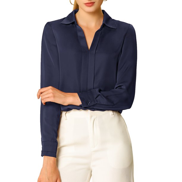 INSPIRE CHIC Camisas Elegantes para Mujer Cuello de Punta Manga Larga Blusa de Satén Suave Conjunto de Profesora para Regreso a Clases Azul Marino S