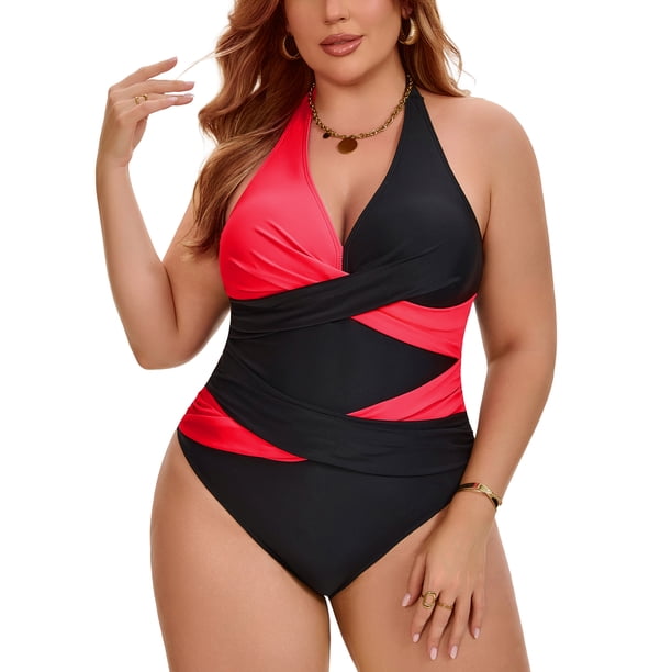 Agnes Orinda Traje de Baño de Una Pieza para Mujer de Talla Grande Halter Cruzado Bloque de Color Sin Espalda Push Up Ropa de Playa L Rojo