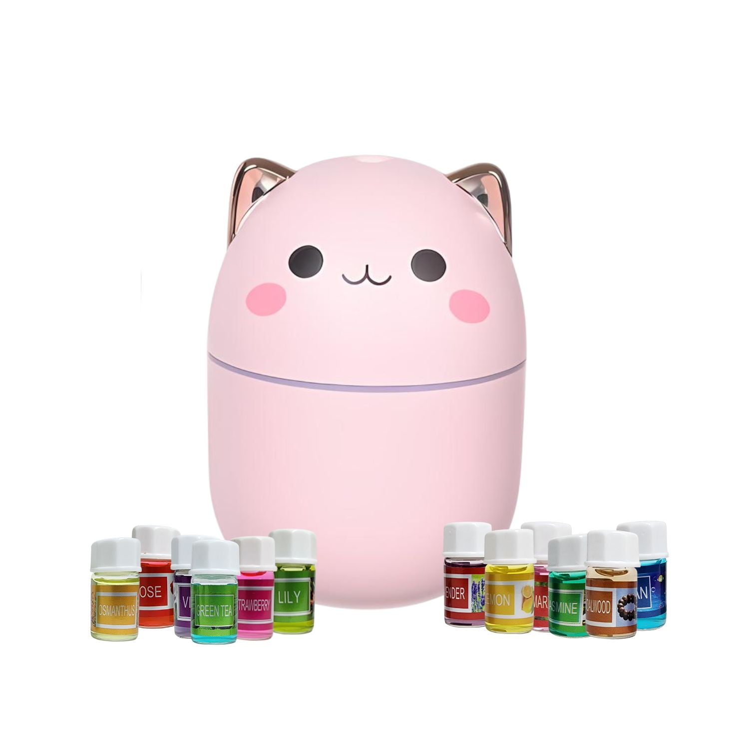 Disparo - Pack Humidificador Diseño Gato Rosa + 12 Esencias Aromaticas