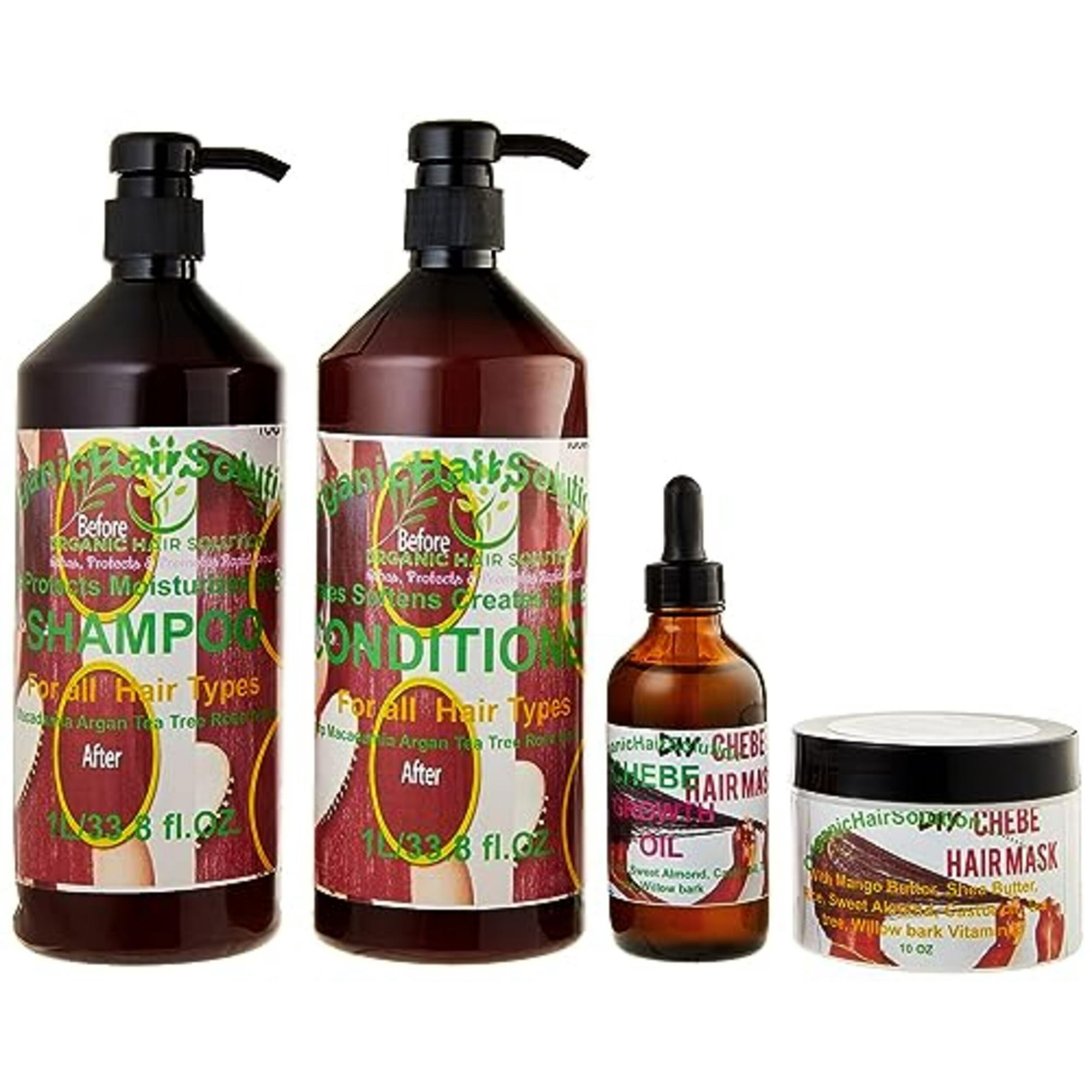 Organic Hair Solution - Juego De Crecimiento Del Cabello Chebe: Shampoo, Acondicionador, Aceite Y Mascarilla Para El Cabello, Dejar En Crema, Aceite De Ricino, Mantequilla De Mango, Árbol De Té(paquete De 4)