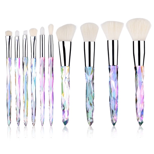 Juego de 10 brochas de maquillaje con mango transparente de cristal, brocha para base, corrector y sombra de ojos.