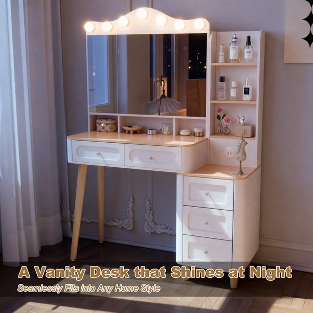 Vanity Desk with Mirror and Lights,Makeup Vanity with 2 USB Power Strip,Vanity Set with Two Drawers and Three-drawer Chest, 3 Lighting Modes Adjustable Brightness, Foldable Three-sided Mirror(White)