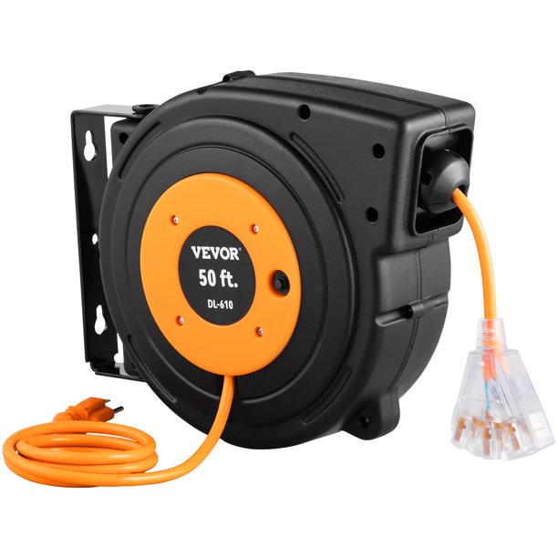 Carrete de cable de extensión retráctil VEVOR de 50 pies con salida de triple grifo
