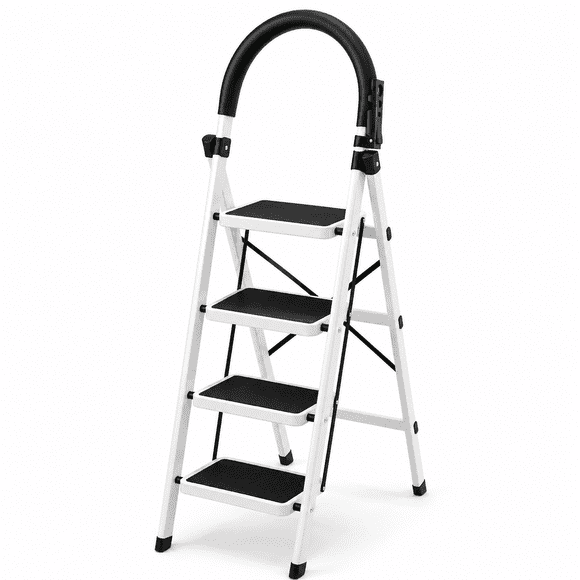 Escalera Eoland 4 Peldaños Plegable Metálica Tipo Tijera Peldaño Antideslizante Multipropósito Hogar Oficina Taller Uso Doméstico Blanco