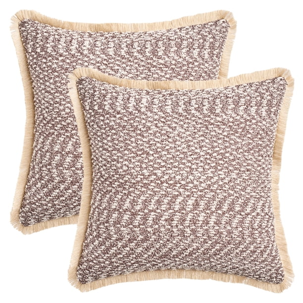 REGALWOVEN Fundas de Cojín Decorativas Boho con Borde de Borlas Juego de 2 Fundas de Almohada Cuadradas Suaves para Sofá Cama Sala de Estar Marrón Oscuro 18" x 18"
