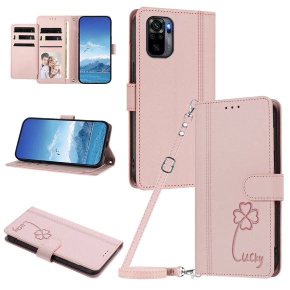 Funda Cartera Trébol para Xiaomi Redmi Note 10 4G/10S con Ranuras Tarjetas y Carga Inalámbrica Rosa