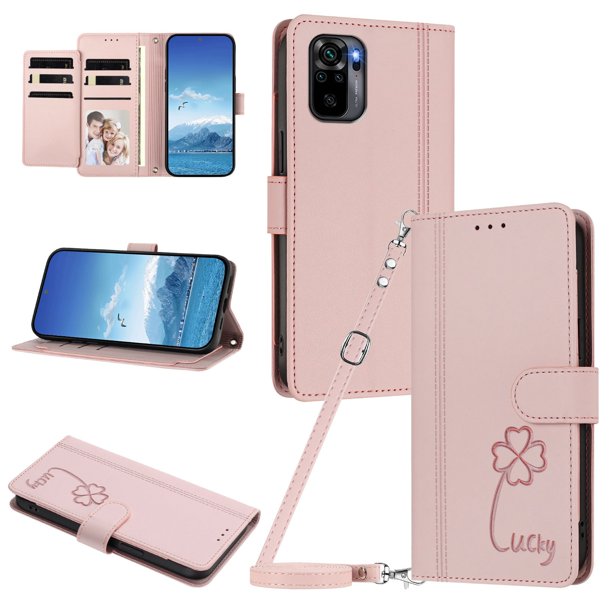 Funda Cartera Trébol para Xiaomi Redmi Note 10 4G/10S con Ranuras Tarjetas y Carga Inalámbrica Rosa