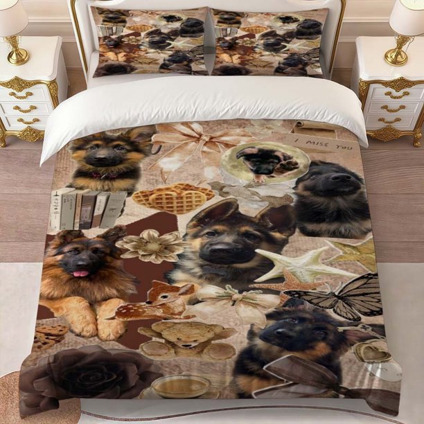 Cute German Shepherd Dog Collage Theme Print Three-Piece Bedding Set Soft Duvet Cover And Two Pillowcases