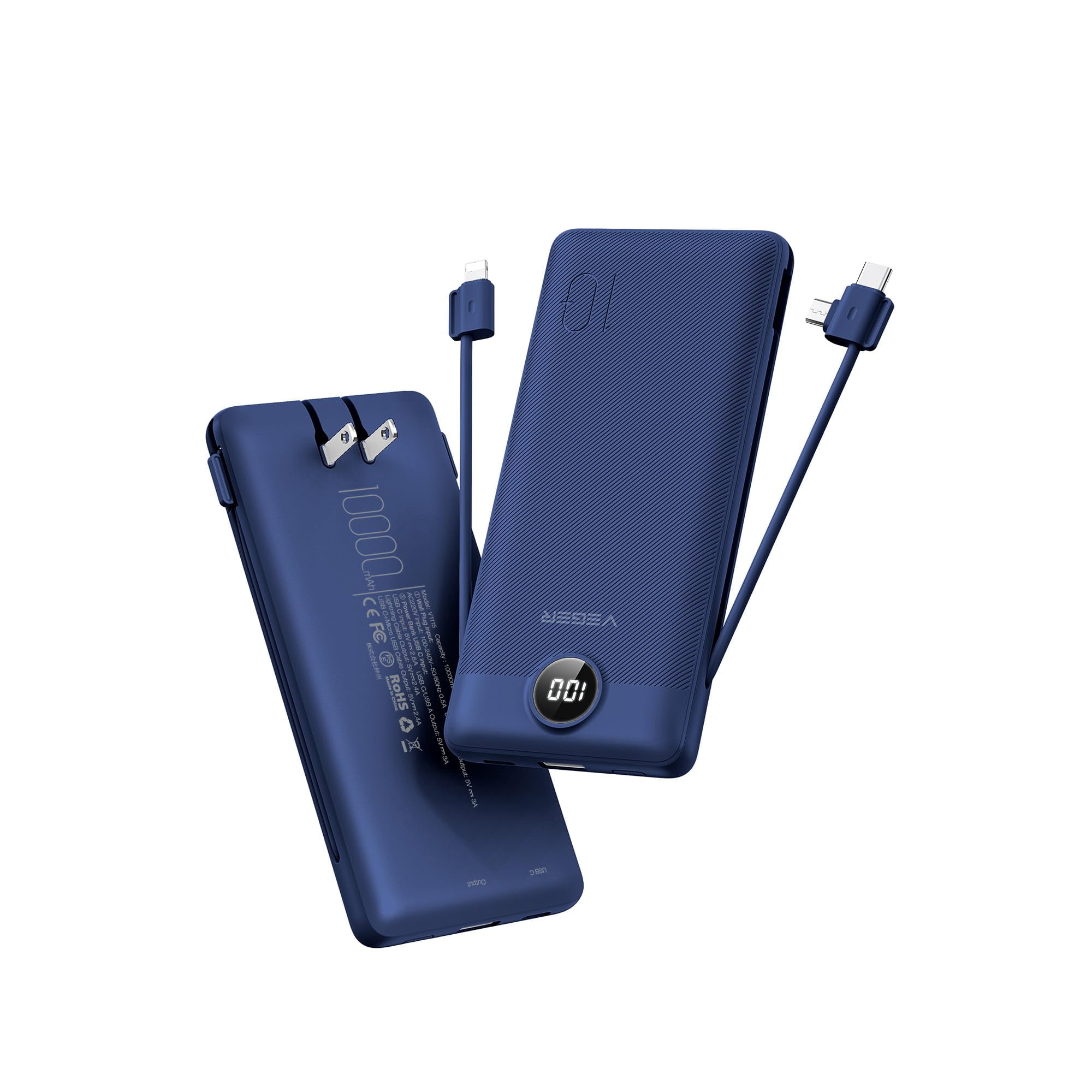 Veger - Cargador Portátil De 10000 Mah Con Cables Y Enchufe Integrados