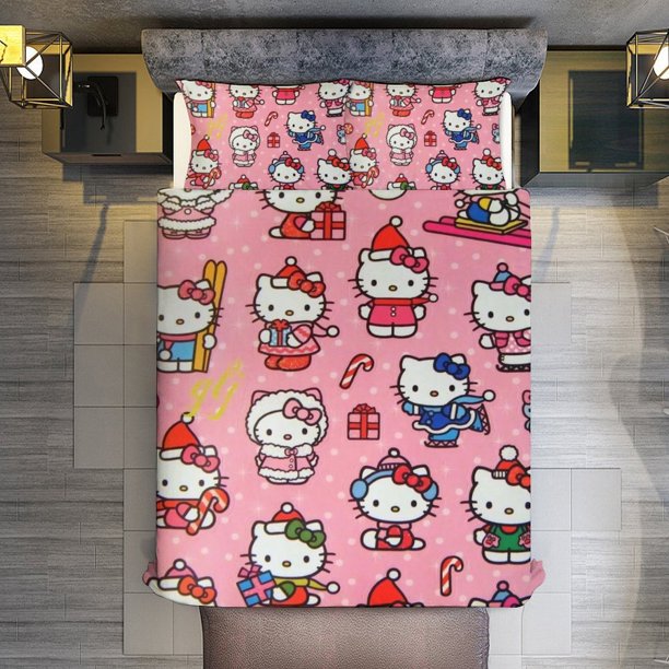 Merry Christmas Hello Kitty 3 Pieces Duvet Cover Set Full Size Super Soft Fade Resistant Microfiber