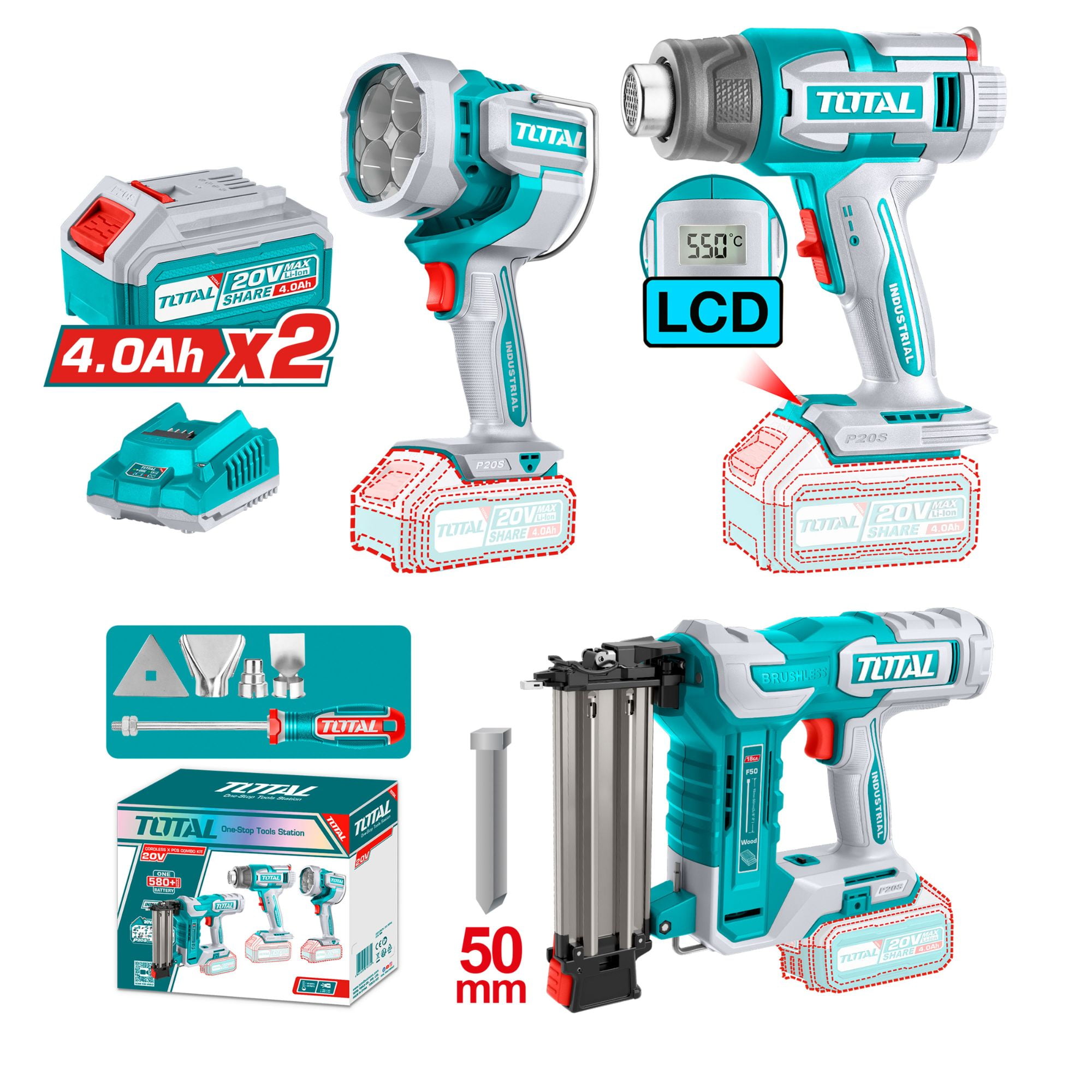 Kit Pistola Calor, Lámpara Y Clavadora Inalámbrica 20v Total