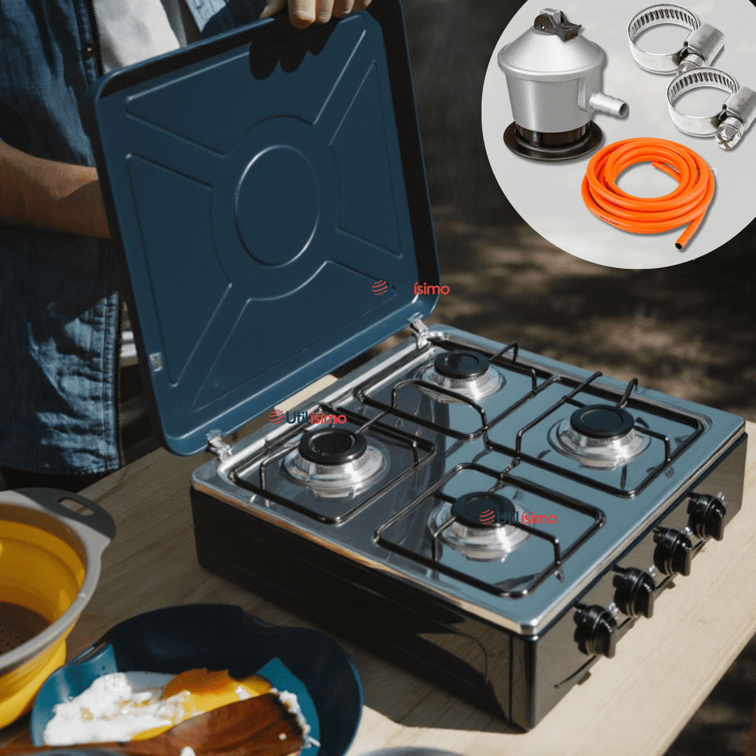 Line - Cocina Encimera A Gas Licuado 4 Platos + Kit De Instalación Premium Negro