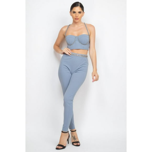 Conjunto de Top y Pantalón Adornado con Piedras