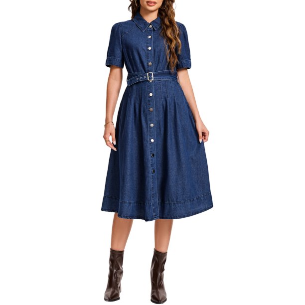 INSPIRE CHIC Vestido midi de mezclilla con botones y mangas cortas para mujer 2XL Azul profundo