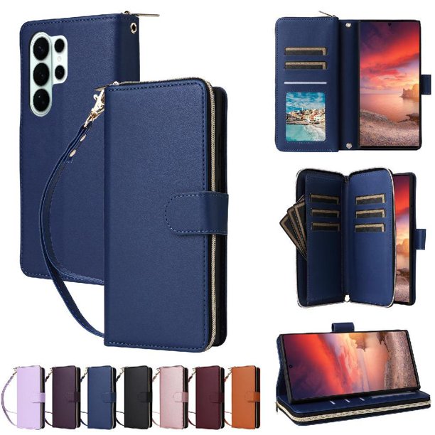 Funda Cartera con Cremallera y Correa para Samsung Galaxy S26 Ultra 5G Soporte y Tarjetero Azul