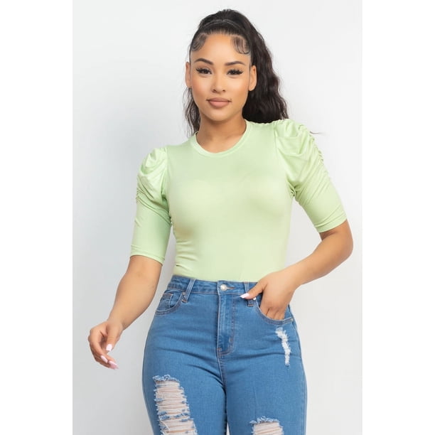 Top con Cuello Redondo y Mangas Fruncidas Abullonadas