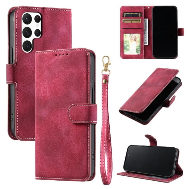 Funda Cartera para Samsung Galaxy S24 Ultra Tapa con Ranuras, Soporte y Correa Rojo