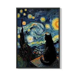 Creango - Cuadro Poster Enmarcado Gato Noche Estrellada Decorativo