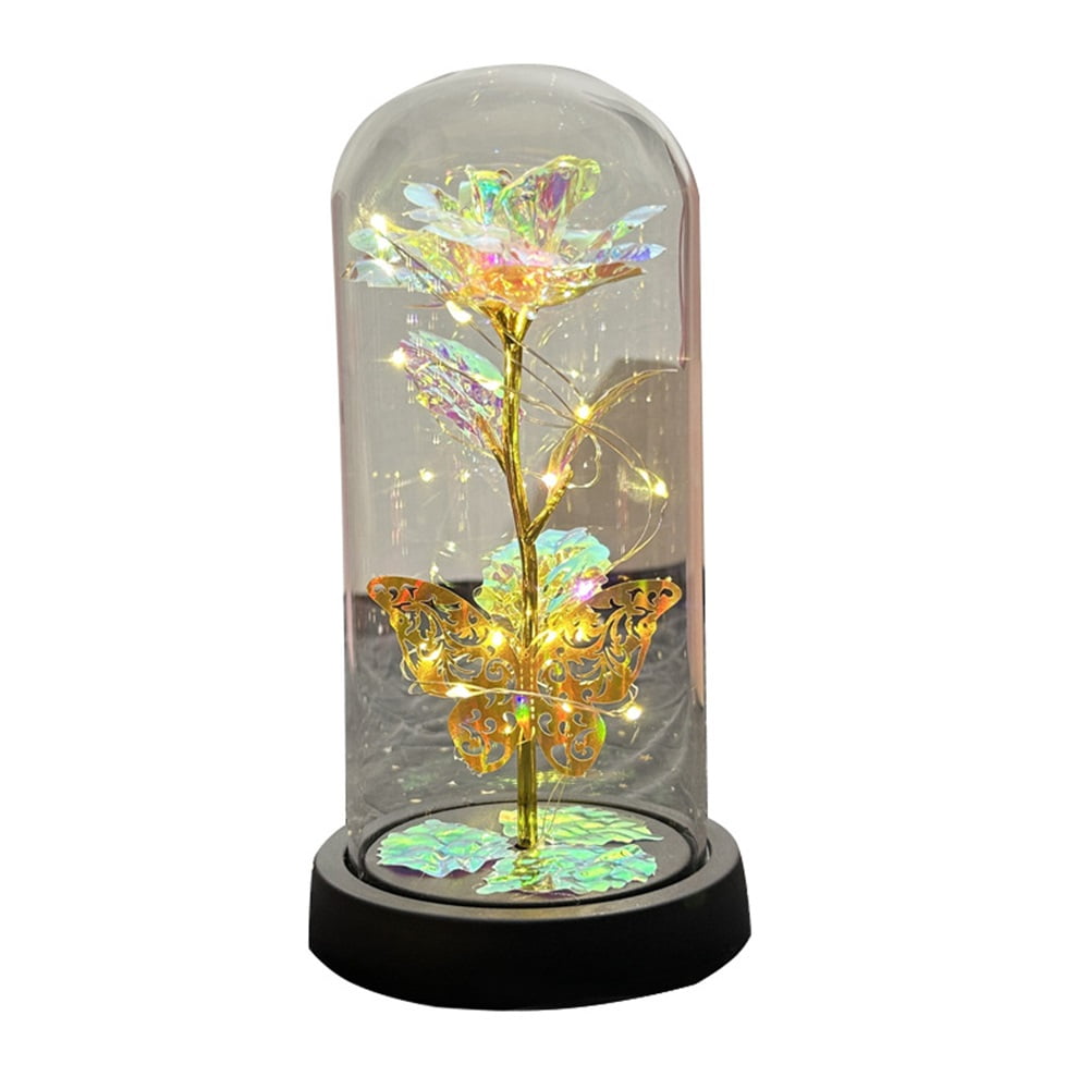 Xusx111 - Rosa Flor Mujer Madre Regalo De Cumpleaños Artificial Flor Cristal Arco Iris Rosa Led Tira De Luz Iluminada Cúpula De Vidrio Eterno Rosa Flor Regalo Para La Madre Esposa Novia Flor Regalo (p