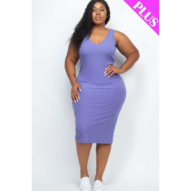 Vestido Ajustado sin Mangas Acanalado en Talla Grande