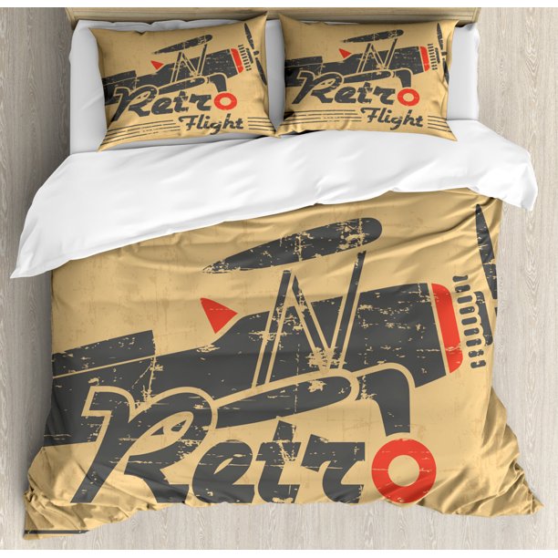 Vintage Airplane Duvet Cover Set King Size Retro Flight Emblem with Old Plane Rock Style Quilt Cover Brown Polyester Bedding Set