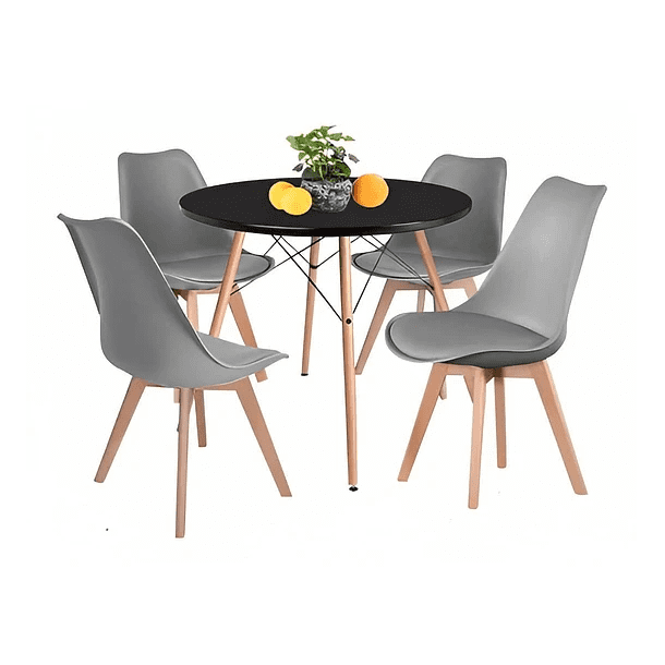 Klik Muebles - Comedor Mesa Eames Redonda Negra 80cms + 4 Sillas Tulip Gris
