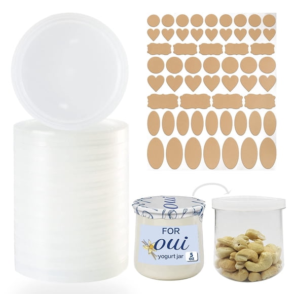 Tapas de Plástico Transparente para Tarros de Yogur Gocola 6,7 cm Pack de 12 + 57 Etiquetas Decorativas