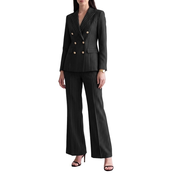 INSPIRE CHIC Conjunto de Traje de Pantalón de 2 Piezas para Mujer, Blazer de Doble Botonadura de Manga Larga, Pantalones, Talla X Pequeña, Negro