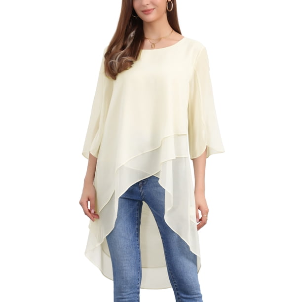 INSPIRE CHIC Blusa de Chifón para Mujer con Mangas 3/4 Divididas y Dobladillo Asimétrico Túnica Top Albaricoque XL