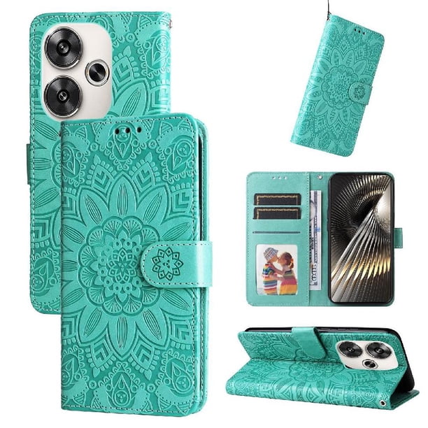 Funda tipo cartera FOXDOCK para Xiaomi Poco F6 , diseño girasol en relieve, cuero PU, cierre magnético, soporte y tarjetero