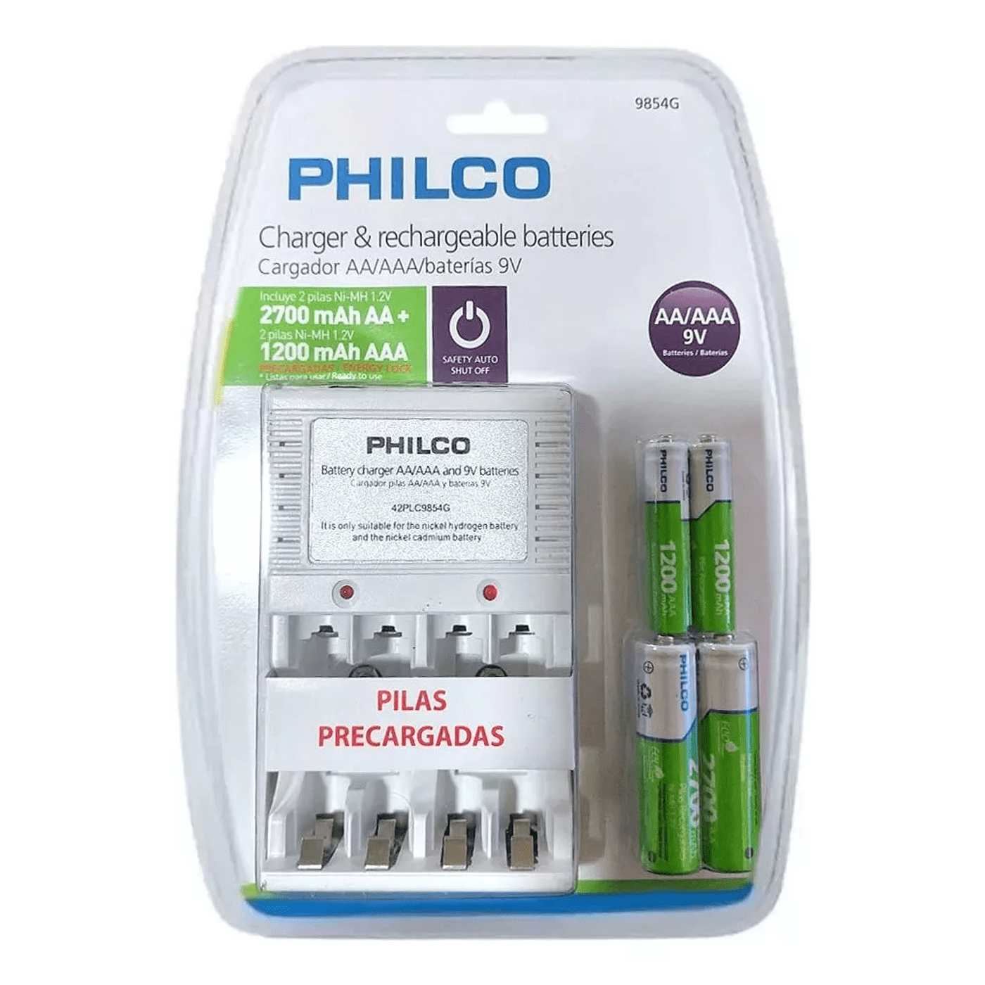 Philco - Cargador C/2 Pilas Aa 2700 Mah + 2 Aaa 1200 Mah Pre-cargadas