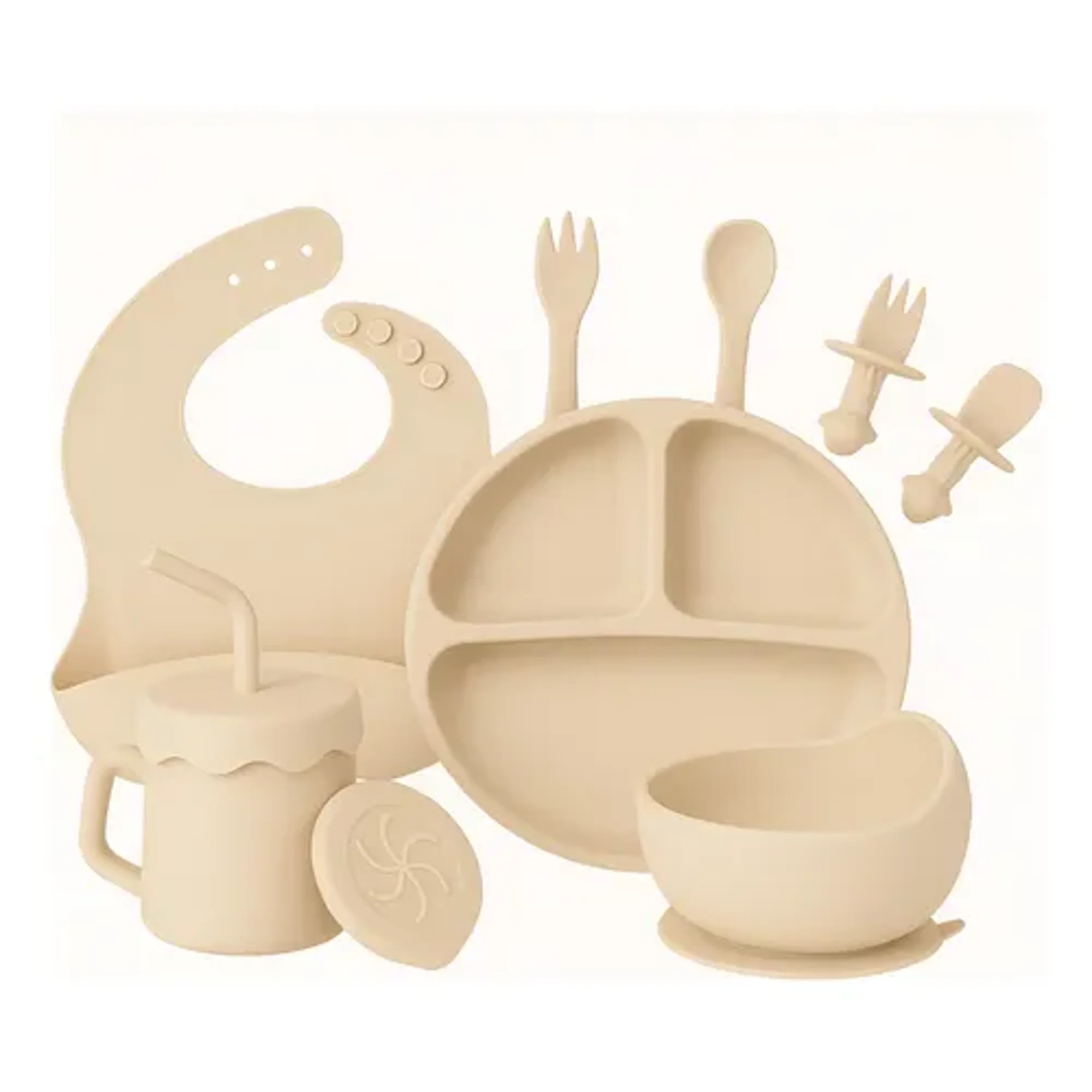 Marca - Set De Alimentación Infantil Silicona Pom Pon Beige Caqui
