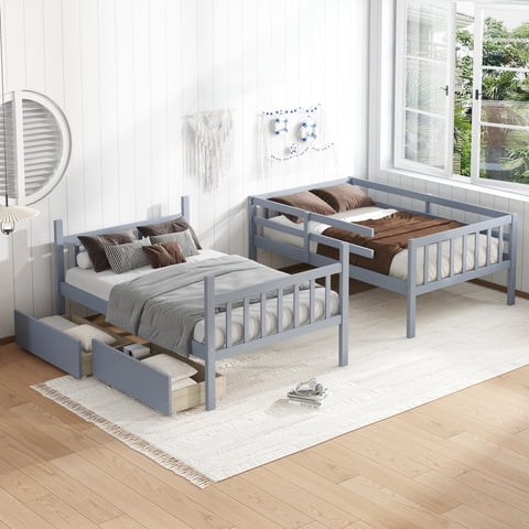 M&Ms - Twin Over Twin Rubber Wood Bunk Bed With 2 Drawers, Convertible Into 2 Twin Beds, Twin Size Bunk Bed With Ladder And Safety Guardrails ,Grey
