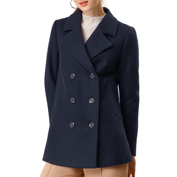 Abrigos de Invierno para Mujer INSPIRE CHIC, Manga Larga, Solapa, Hasta el Muslo, Abrigo Exterior, Doble Botonadura, Abrigo de Guisante, Talla S, Azul Marino Oscuro