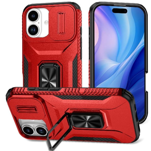 Funda Armada para iPhone 17 con Tapa Deslizante y Soporte Magnético Giratorio Rojo