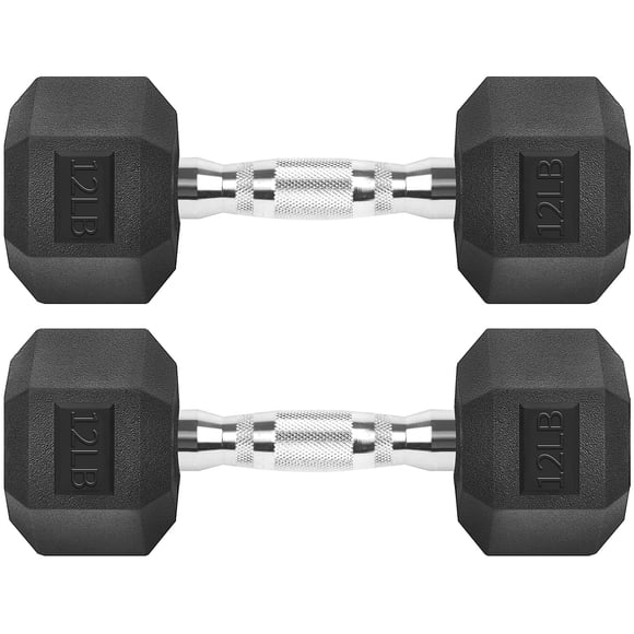 Mancuernas de hierro fundido con revestimiento de goma negra hexagonal de 12 libras (5,4 kg) x 2