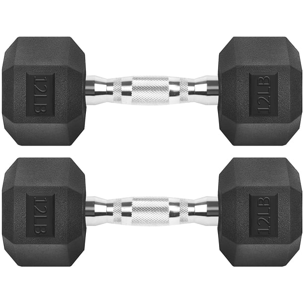 Mancuernas de hierro fundido con revestimiento de goma negra hexagonal de 12 libras (5,4 kg) x 2