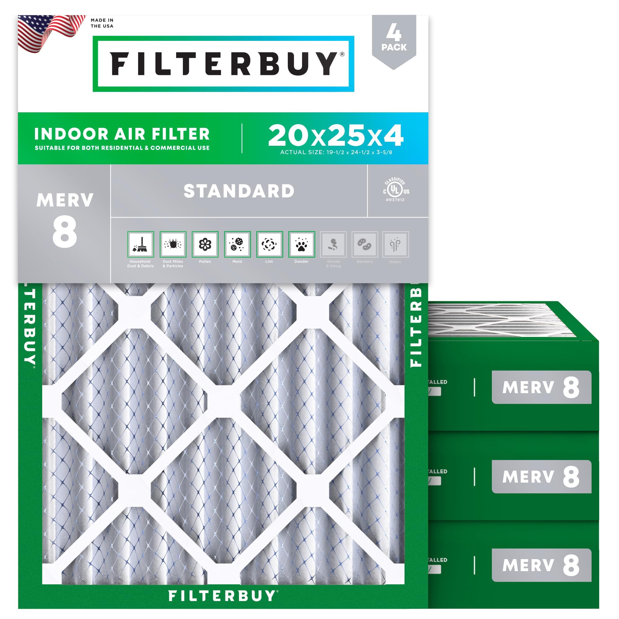 Filtro De Aire Filterbuy Merv 8 20 X 25 X 4 (paquete De 4) Essential Dust