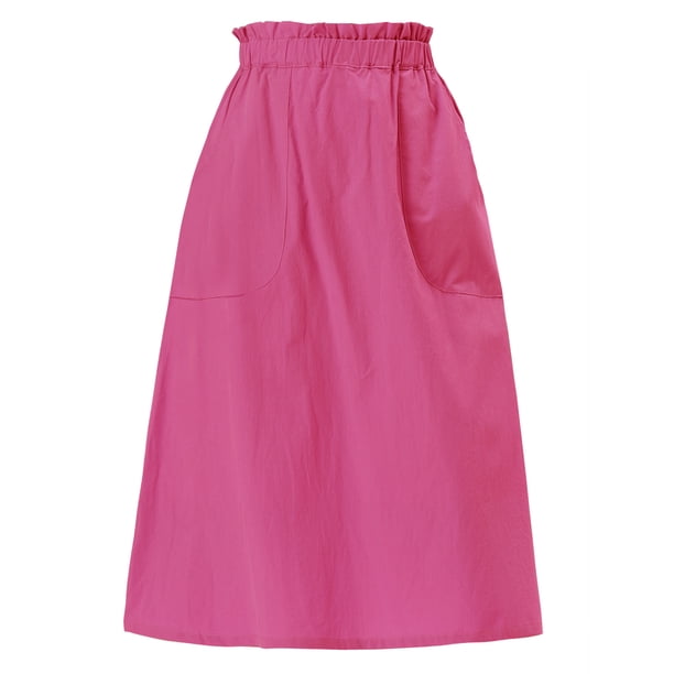 INSPIRE CHIC Falda de Algodón para Mujer Vuelta al Colegio Cintura Elástica Casual Campesina Línea A Midi con Bolsillos Rosa Fucsia XL