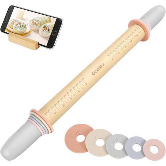 Geesta Adjustable Wood Rolling Pin with 5 Thickness Rings, P