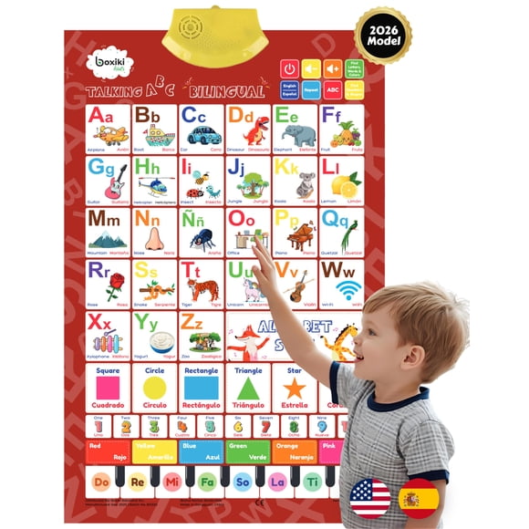 Póster educativo bilingüe del alfabeto Boxiki Kids 2026
