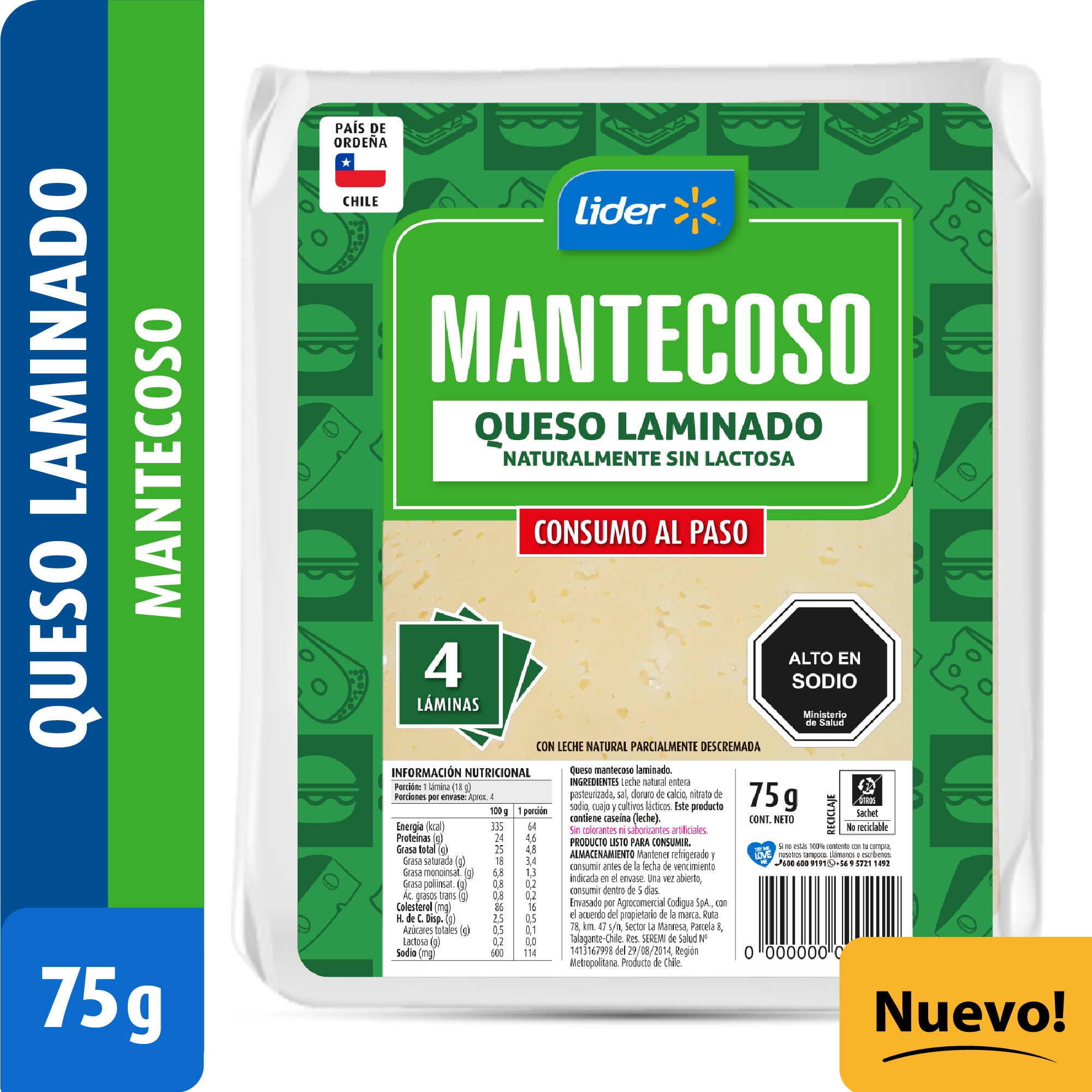 Queso Mantecoso Laminado 75 g Lider