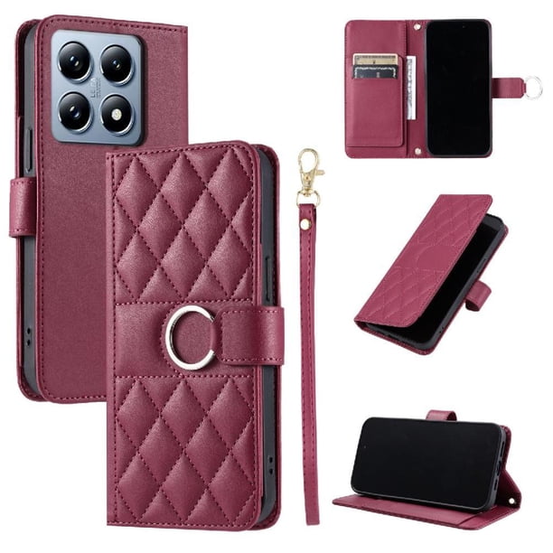 Funda Acolchada con Anilla y Correa para Xiaomi 14T Slots para Tarjetas Rojo