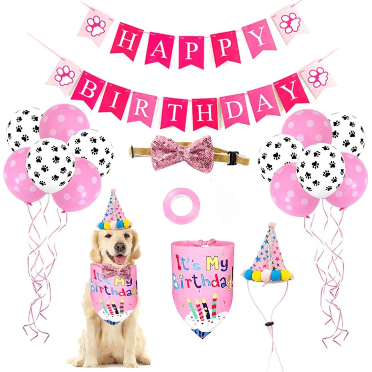 Kit De Decoración Rosa Cumpleaños Perro Bandana Gorro Globos