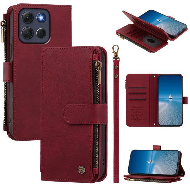 Funda Billetera Motorola Moto G86 con Cremallera y Soporte, Rojo
