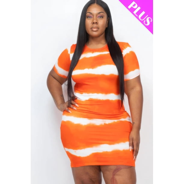 Saronite Vestido Corto Ajustado de Punto Jersey Muy Elástico, de Manga Corta y Estampado Teñido Anudado, Naranja (Talla Grande para Mujer)