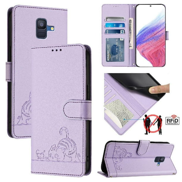 Funda tipo cartera FOXDOCK para Samsung Galaxy A6 2018 con soporte, ranuras, RFID, diseño de gato