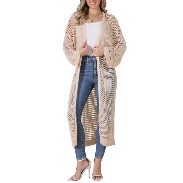 INSPIRE CHIC Cárdigan Largo de Crochet para Mujer con Mangas 3/4, Tejido Ligero y Suelto con Diseño Calado, Talla L, Beige