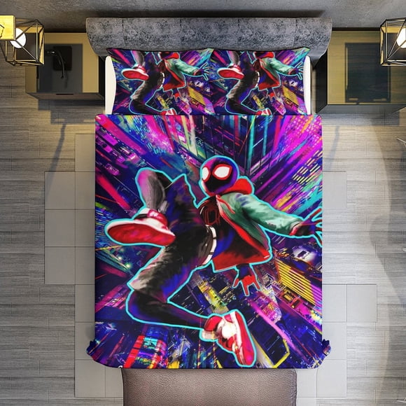 Miles Morales Across the Spider Verse Tin Sign 3 Piece Sets Full/Queen Size - Reversible Microfiber Quilts with 2 Shams Soft Lightweight Bedspread Coverlet Comforter for All Season Bed Sheets